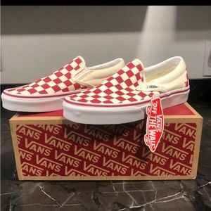 Red checkered slip ons